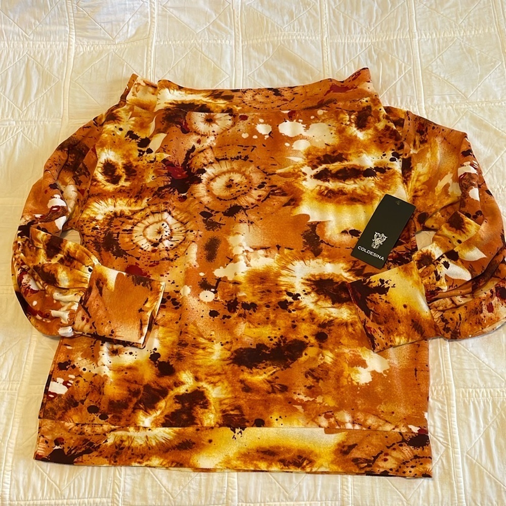 COLDESINA Tye Dye Stevey Off the ShoulderTop, Women’s L, Orange